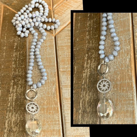 Pale Grey Crystal Necklace with Pavé Sun & Crystal Pendant