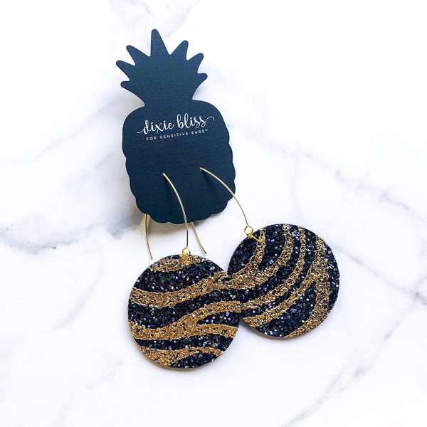 VEGAS DIXIE BLISS EARRINGS IN CELEBRATION BLACK & GOLD GLITTER LEATHER