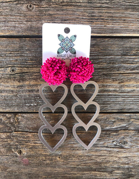 SILVER HEARTS WITH PINK POM EARRINGS