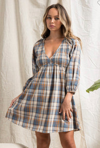 Plaid V-Neck Dress With Smocking Detail