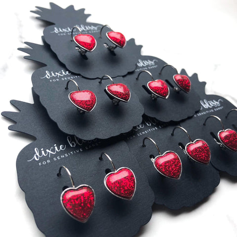 RED GLITTER HEART DIXIE BLISS LEVERBACK EARRINGS