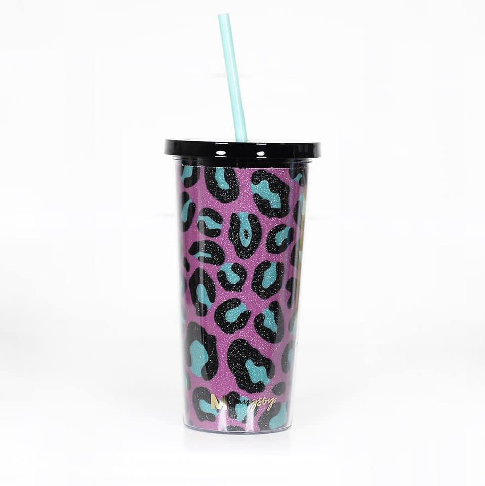 Pink and Teal Leopard Glitter Tumbler with Straw