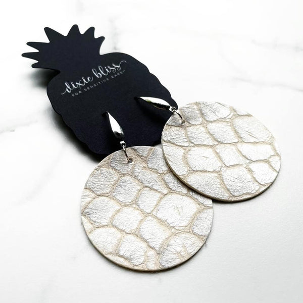 Florence in a Silver Pearl Croc Dixie bliss earrings
