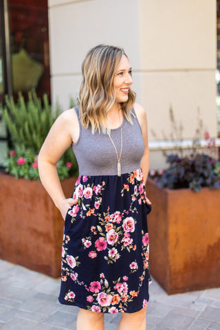 NAVY FLORAL TANK DRESS