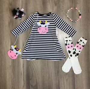 Kids Cow Dress W/Socks & Purse