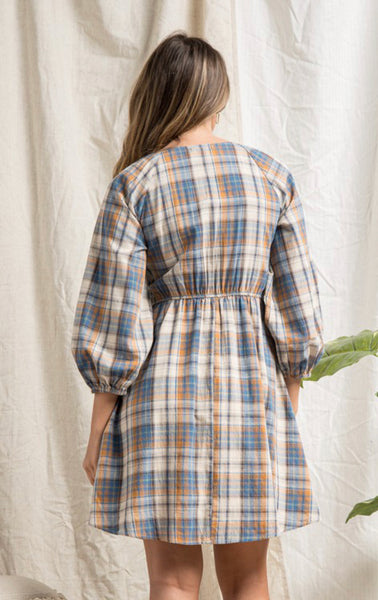 Plaid V-Neck Dress With Smocking Detail