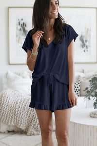Navy T-shirt Ruffle Shorts Pajamas Set