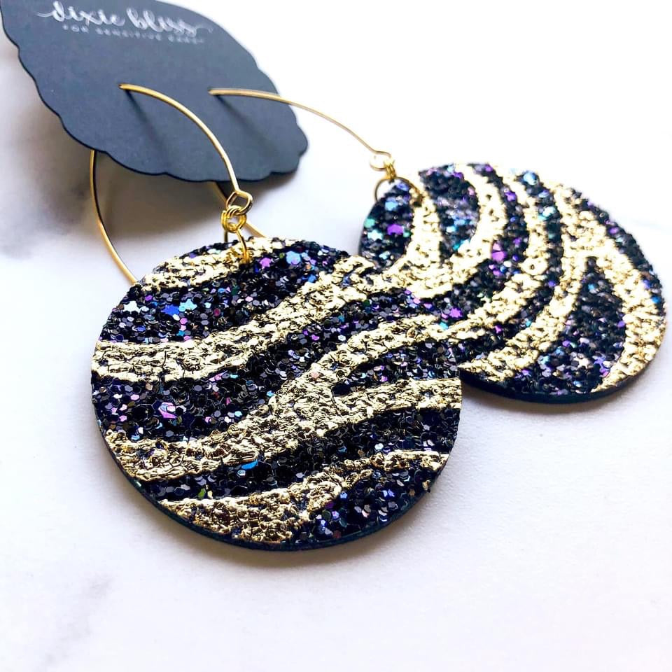VEGAS DIXIE BLISS EARRINGS IN CELEBRATION BLACK & GOLD GLITTER LEATHER
