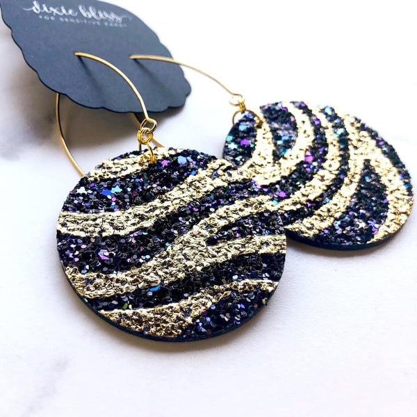 VEGAS DIXIE BLISS EARRINGS IN CELEBRATION BLACK & GOLD GLITTER LEATHER