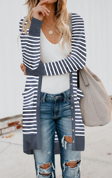 Striped Button Down Open front Cardigan