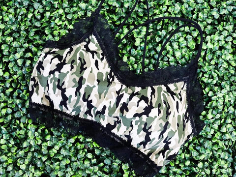 Camo Lace Trim Bralette with Criss Cross Back