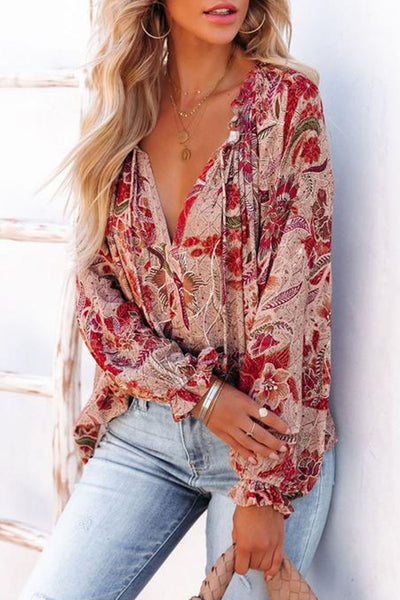 Pink Split V Neck Printed Blouse