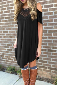 Black Lace Hollow-out Cold Shoulder Casual Dress