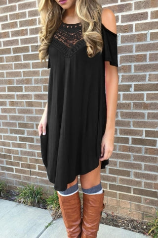 Black Lace Hollow-out Cold Shoulder Casual Dress