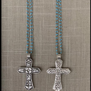 CROSS WITH TURQUOISE BEADED ROSARY STYLE NECKLACE