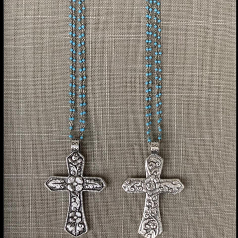 CROSS WITH TURQUOISE BEADED ROSARY STYLE NECKLACE