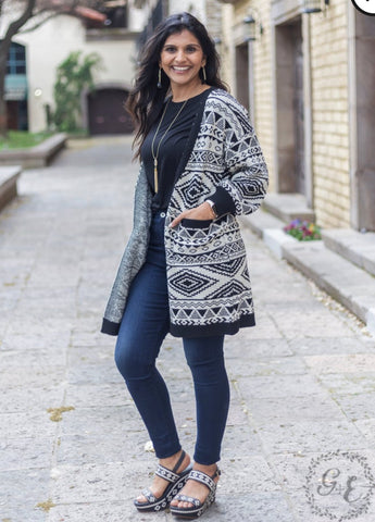 LETS COZY UP BLACK AZTEC G&E SWEATER CARDIGAN
