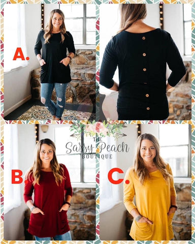 Black Tunic with Button Detail on back/ LONG SLEEVE NOT 3/4 sorry need new pic