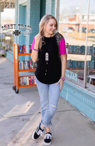 KNOCK YOUR SOCKS OFF CRAZY TRAIN TOP * LEOPARD, BLACK & HOT PINK