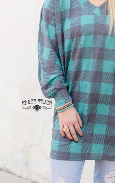 HOLLY HOP CRAZY TRAIN TOP ** TURQ PLAID