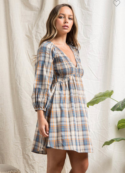 Plaid V-Neck Dress With Smocking Detail