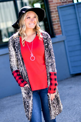 SNAKESKIN & BUFFALO PLAID CARDIGAN