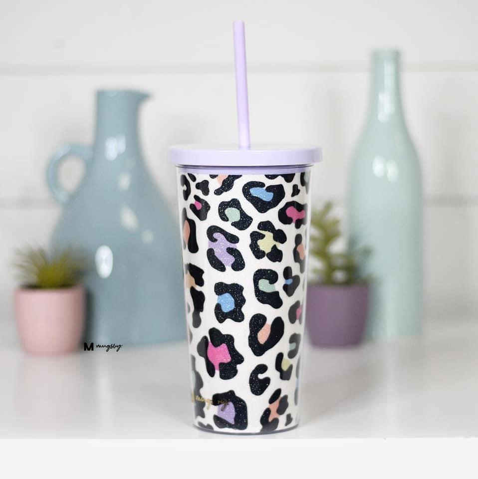 Rainbow Leopard Glitter Tumbler with Straw *Purple Lid