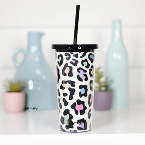 Rainbow Leopard Glitter Tumbler with Straw * Black Lid