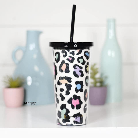 Rainbow Leopard Glitter Tumbler with Straw * Black Lid