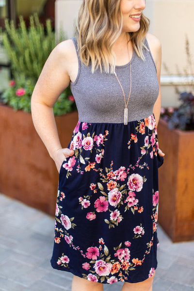 NAVY FLORAL TANK DRESS