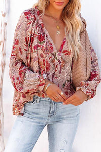 Pink Split V Neck Printed Blouse
