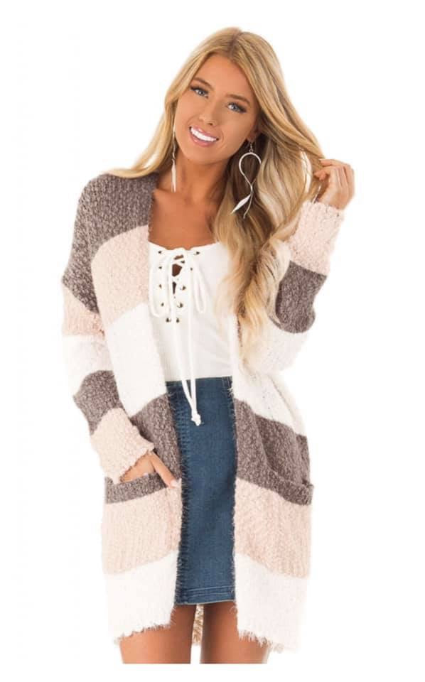 Striped Sweater Cardigan * Blush, Cream,light brown