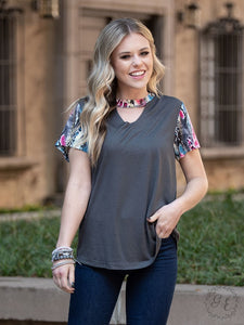 Keeping it Real Charcoal  G&E Top with Vibrant Snake Sleeves & Neck Cutout