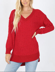 RED POPCORN VNECK SWEATER