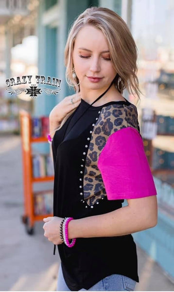 KNOCK YOUR SOCKS OFF CRAZY TRAIN TOP * LEOPARD, BLACK & HOT PINK