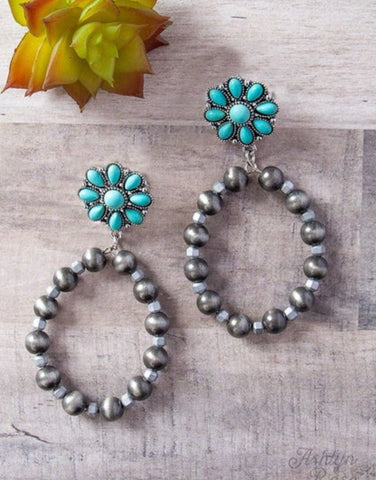 Flower Stone with Southern Pearls Teardrops Earrings, Silver G&E