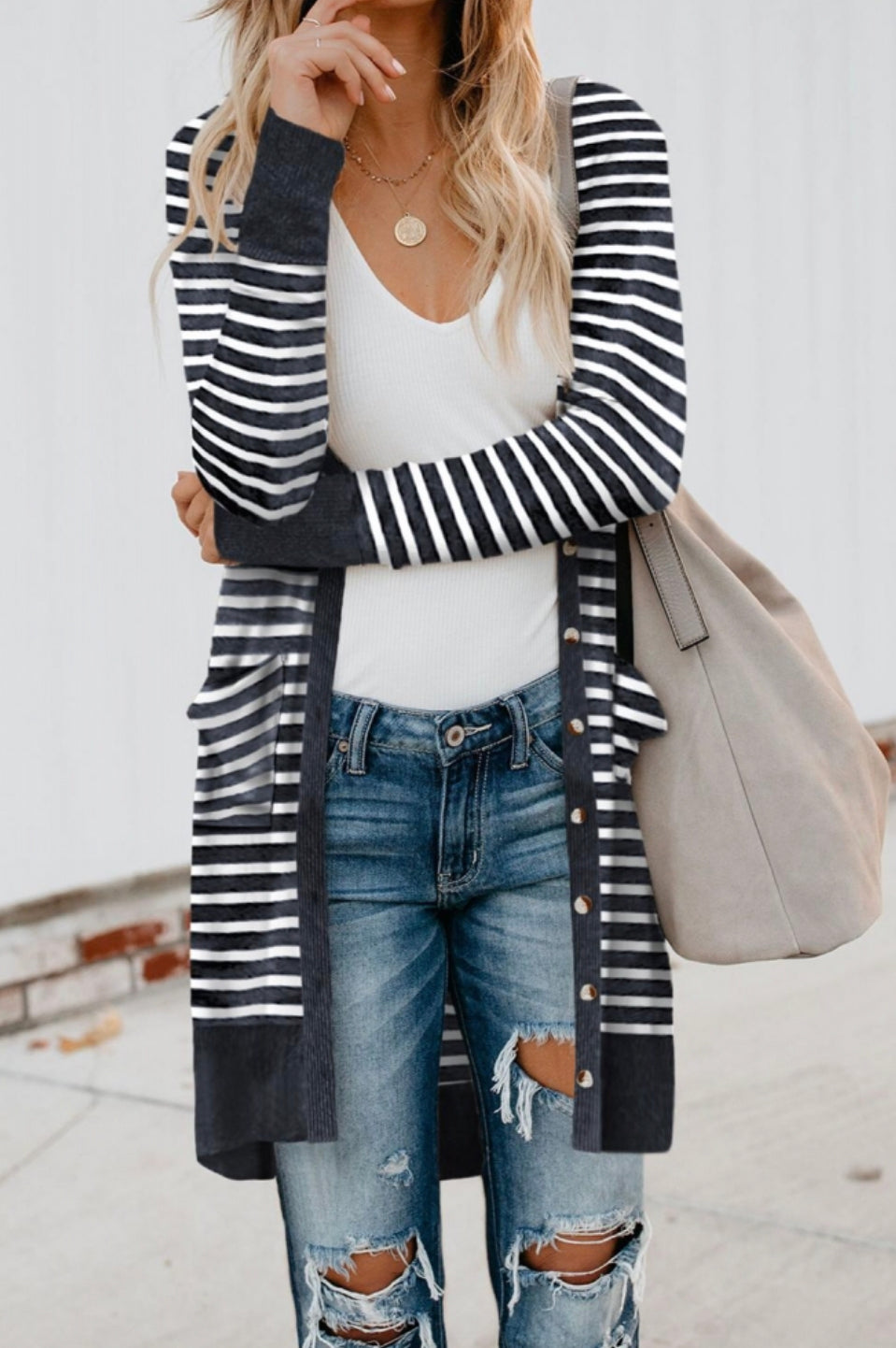 Striped Button Down Open front Cardigan
