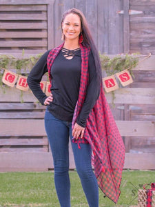 ALL SEASON LONG BUFFALO PLAID G&E COVER UP W/TASSELS