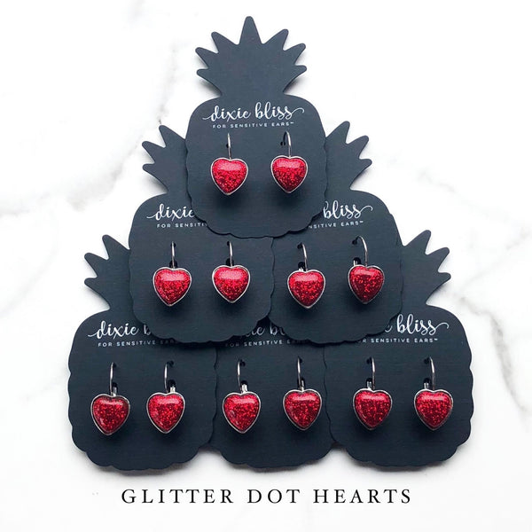 RED GLITTER HEART DIXIE BLISS LEVERBACK EARRINGS