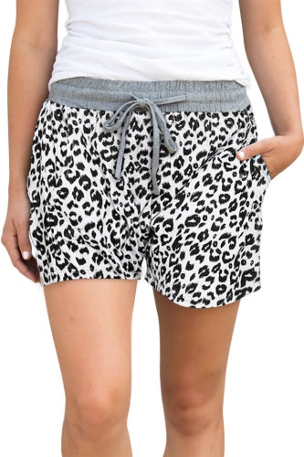 White Leopard Print Drawstring Waist Shorts