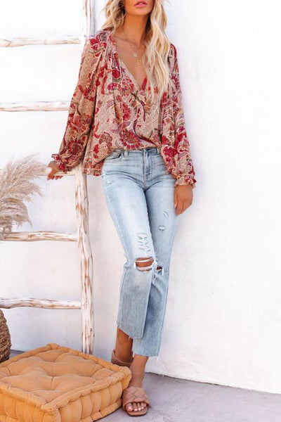 Pink Split V Neck Printed Blouse