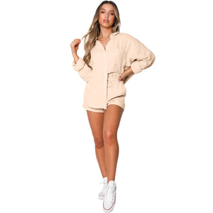 Casual Long-Sleeved Single-breasted Tops & Drawstring Shorts Set